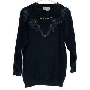 Vintage 80s 90s Beaded Sweater Womens Size Medium Pullover Black Tunic Beaded